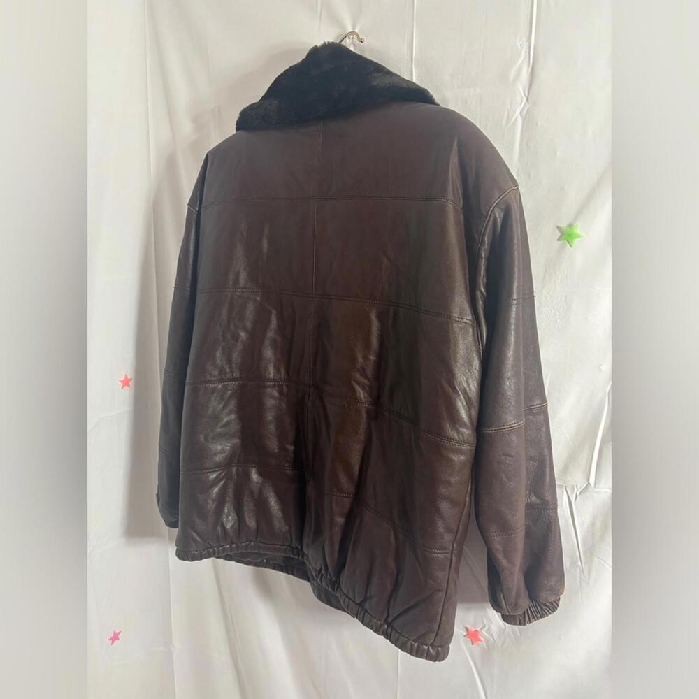 VTG Brown Oversized Genuine Leather Pilot Style Jacket Faux Fur Collar Men’s M - Picture 12 of 15